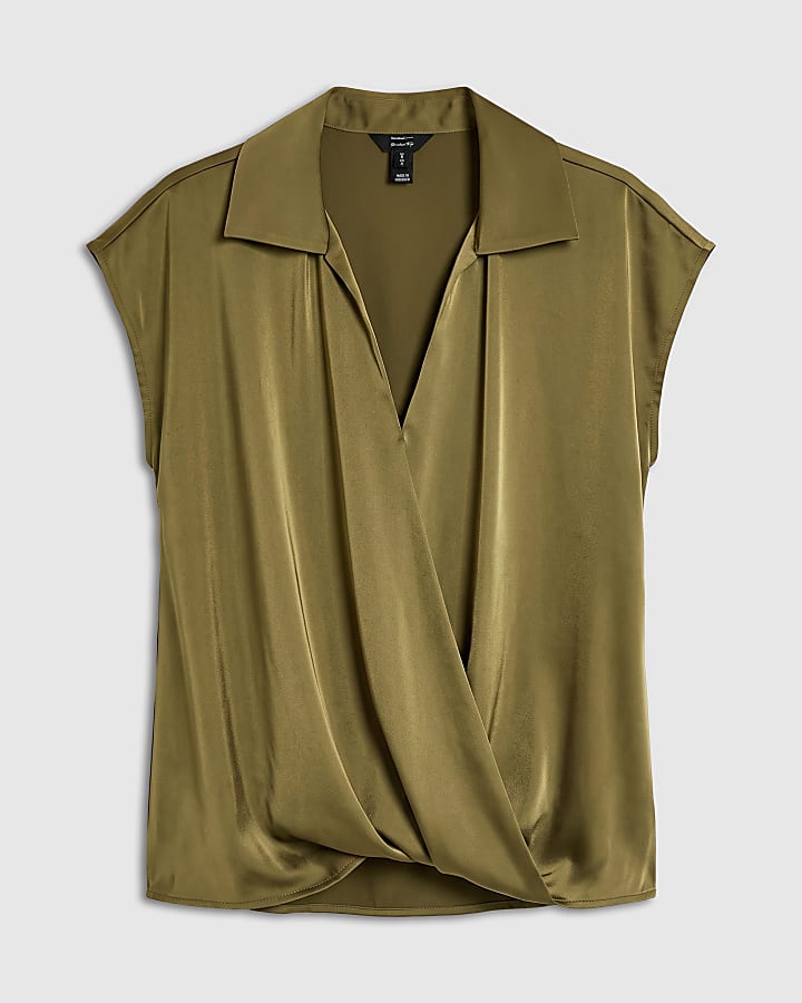 Khaki Satin Short Sleeve Wrap Top