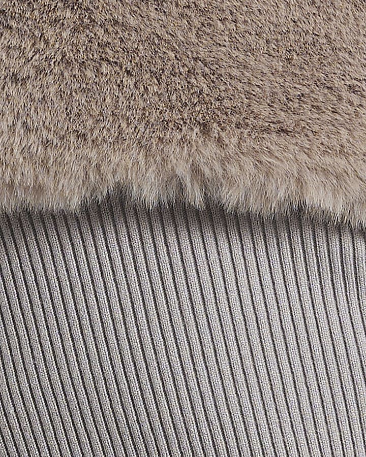 Beige Knit Bardot Faux Fur Trim Top