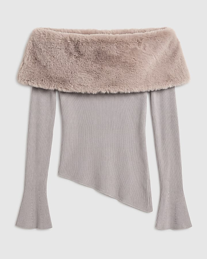 Beige Knit Bardot Faux Fur Trim Top