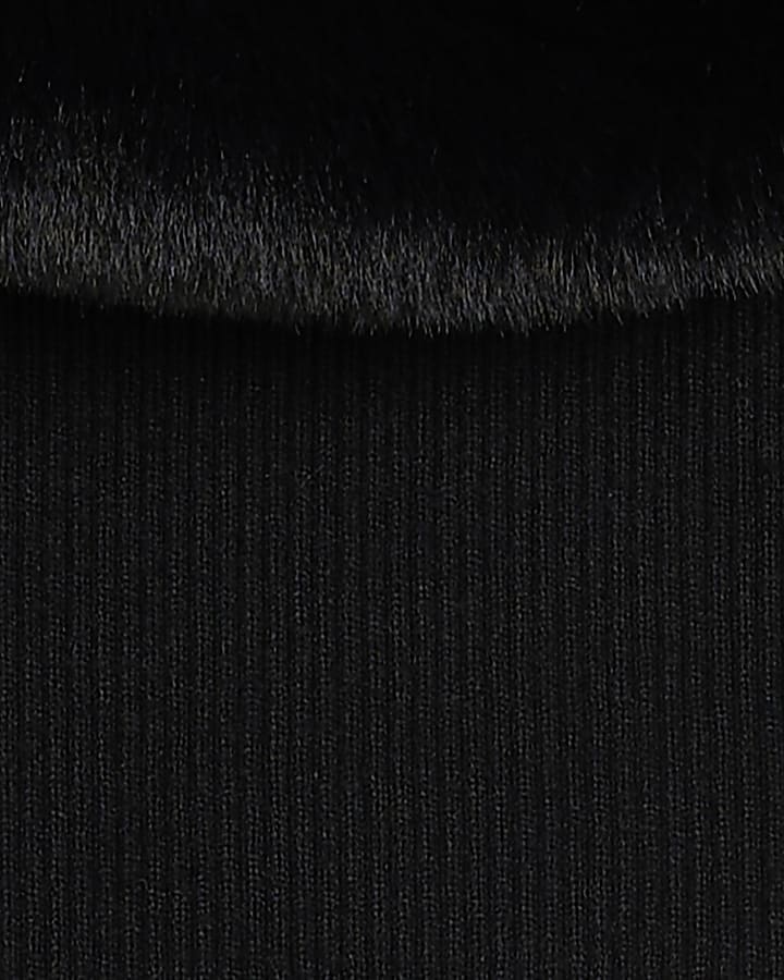 Black Knit Bardot Faux Fur Trim Mini Dress