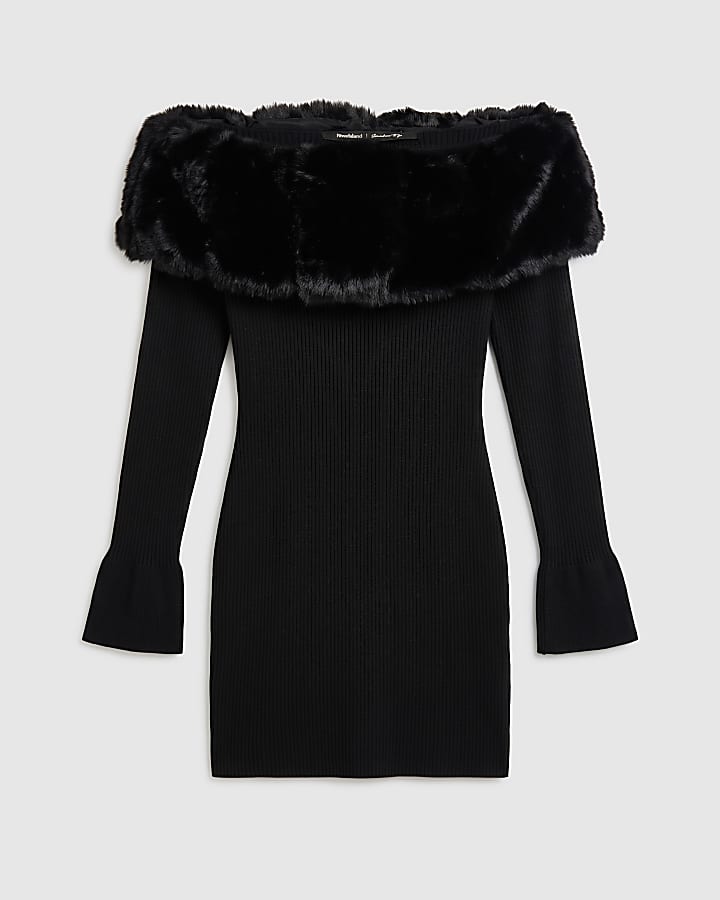 Black Knit Bardot Faux Fur Trim Mini Dress