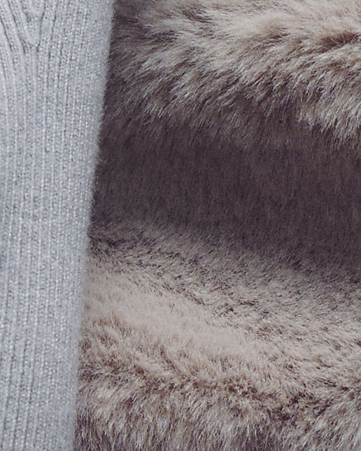 Beige Knit Bardot Faux Fur Trim Mini Dress