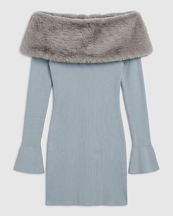 Beige Knit Bardot Faux Fur Trim Mini Dress