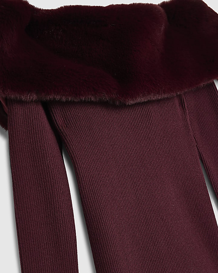 Petite Burgundy Knit Bardot Fur Trim Dress