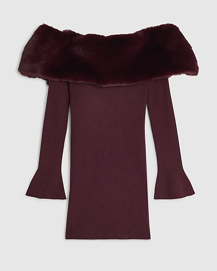 Petite Burgundy Knit Bardot Fur Trim Dress
