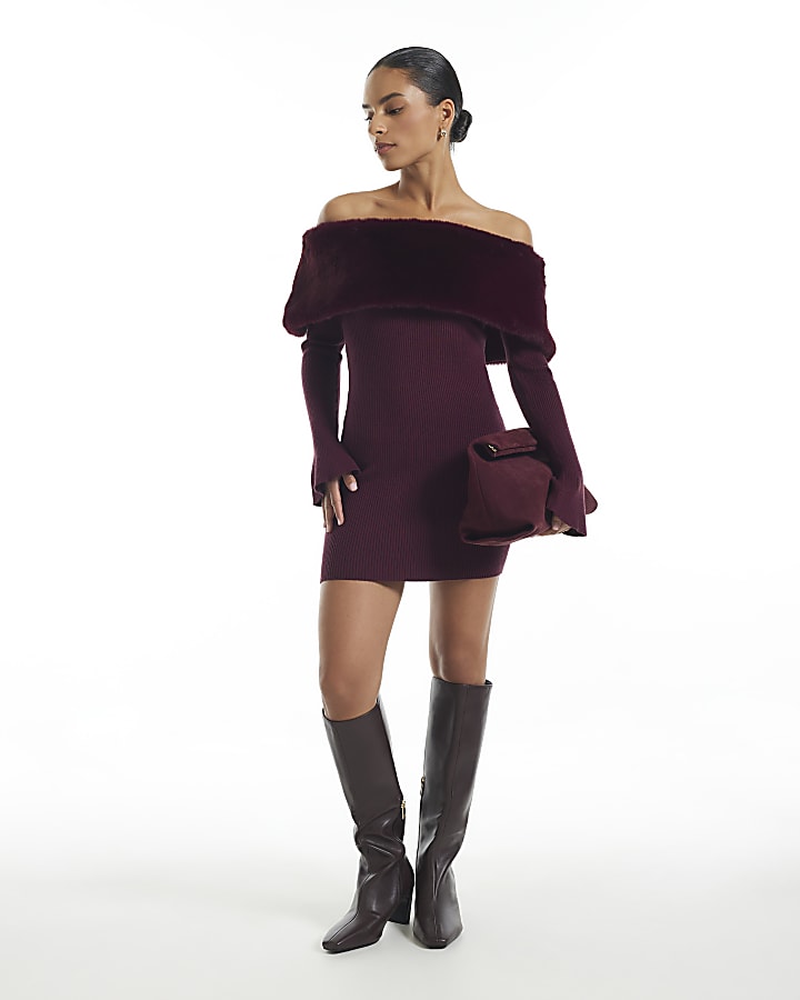 Petite Burgundy Knit Bardot Fur Trim Dress