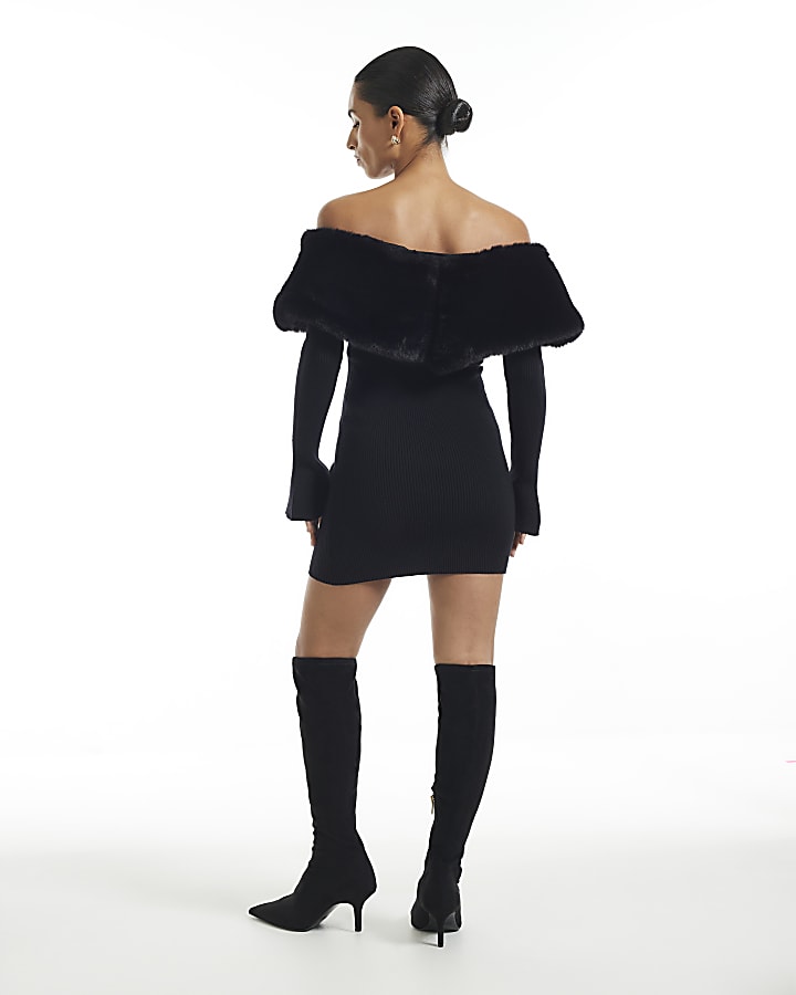Petite Black Knit Bardot Fur Trim Mini Dress