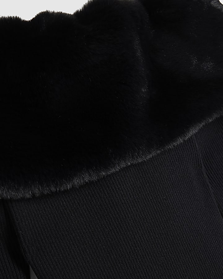Petite Black Knit Bardot Fur Trim Mini Dress
