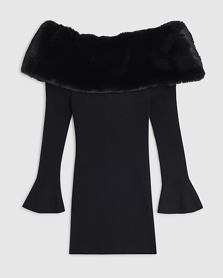 Petite Black Knit Bardot Fur Trim Mini Dress