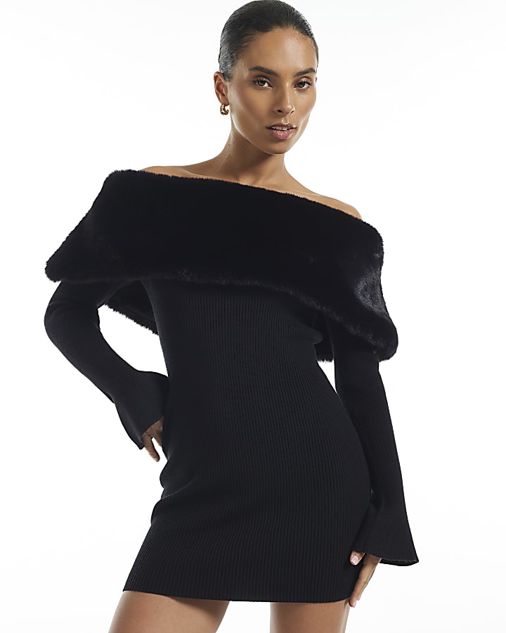 Petite Black Knit Bardot Fur Trim Mini Dress