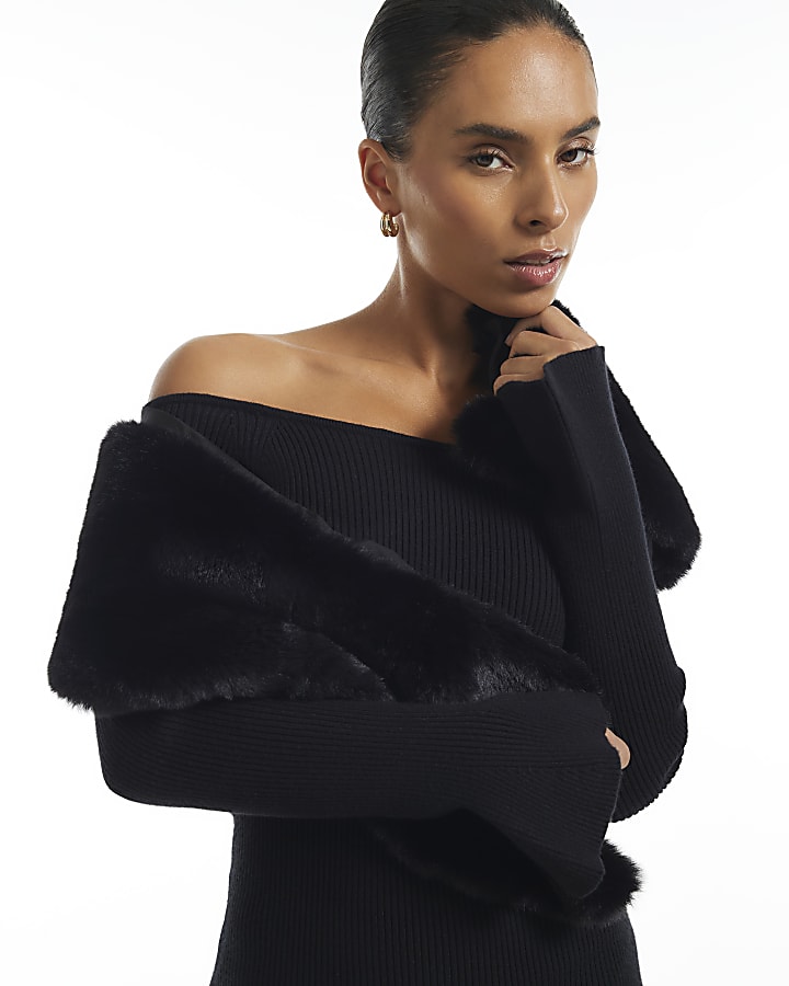 Petite Black Knit Bardot Fur Trim Mini Dress
