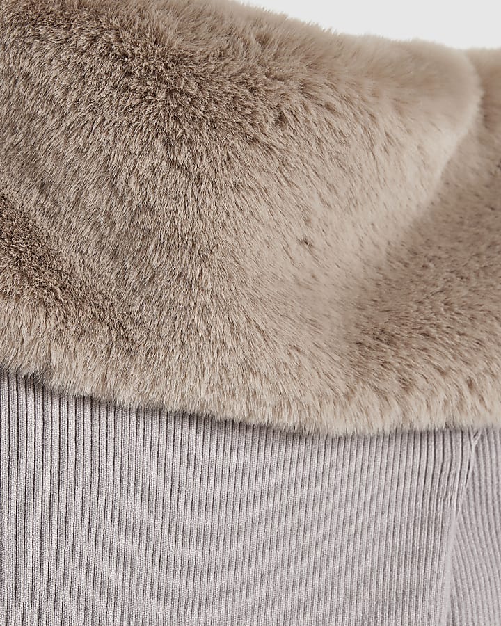 Petite Beige Knit Bardot Fur Trim Mini Dress