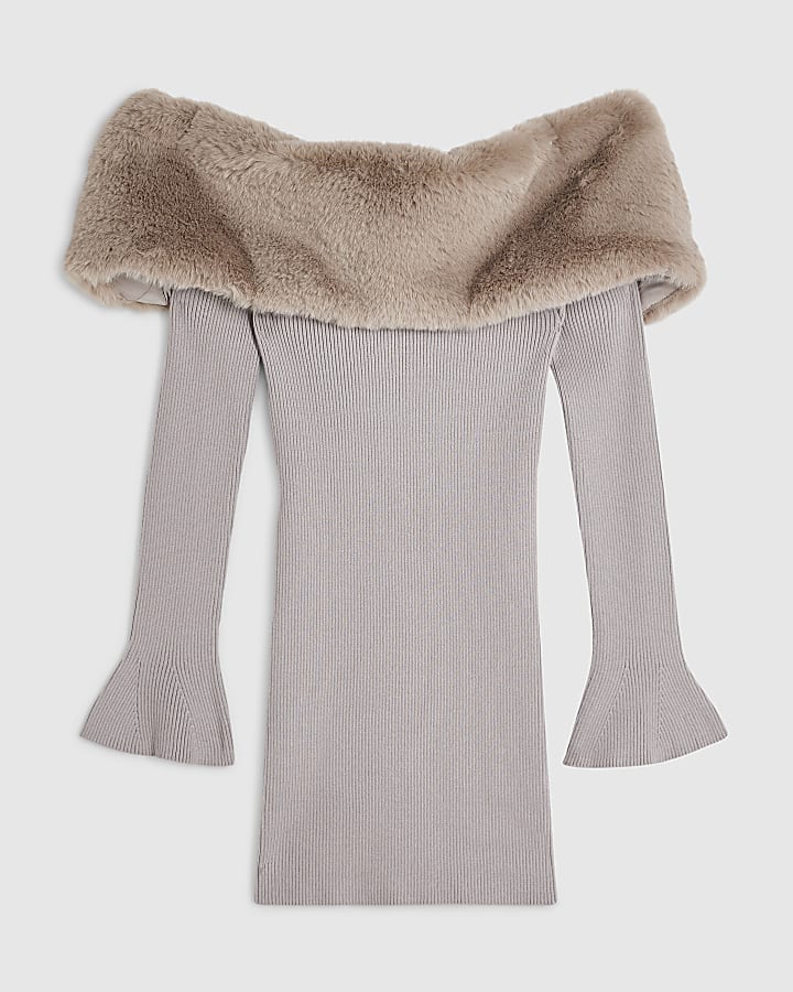 Petite Beige Knit Bardot Fur Trim Mini Dress