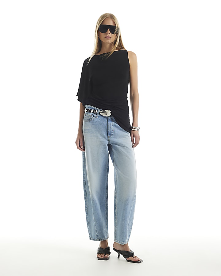 Black Waist Detail Asymmetric Hem Top