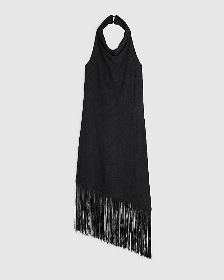 Black Devore Fringe Trim Midi Dress