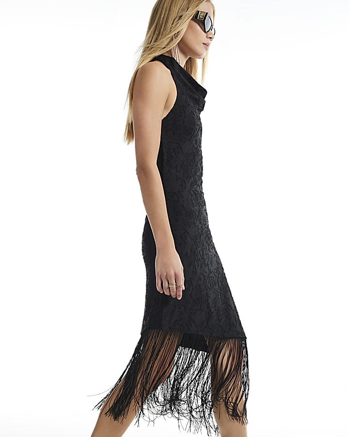 Black Devore Fringe Trim Midi Dress