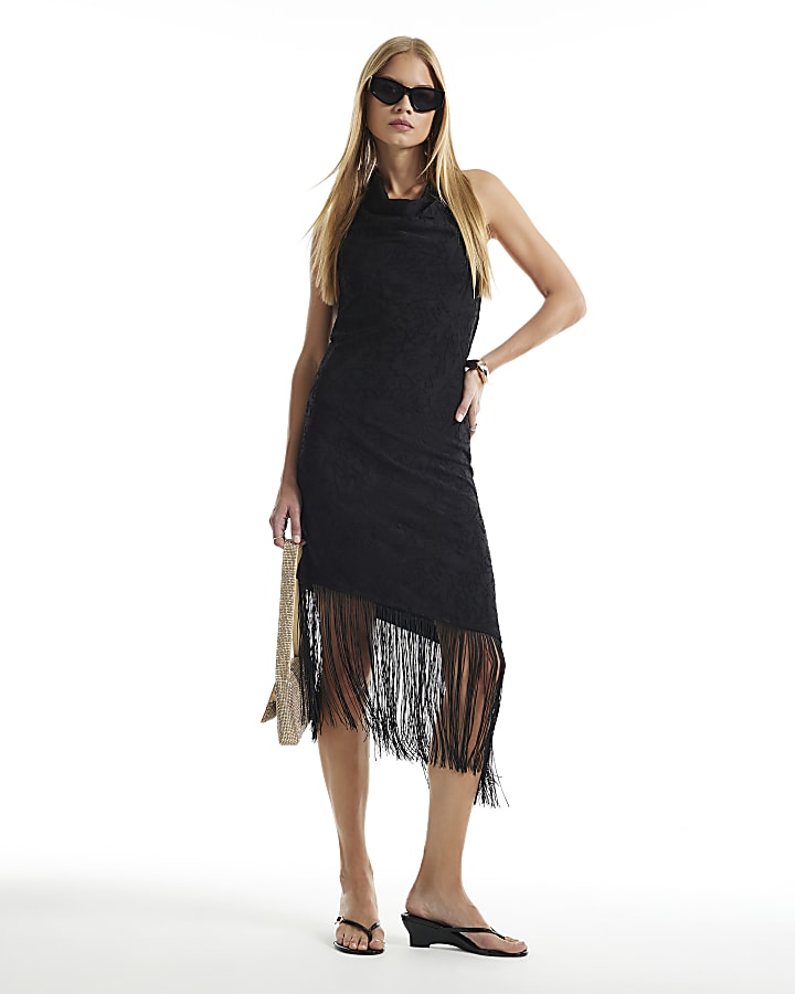 Black Devore Fringe Trim Midi Dress