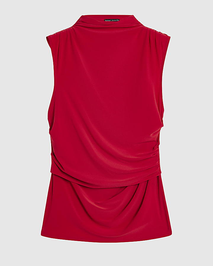 Red High Neck Ruched Waist Top