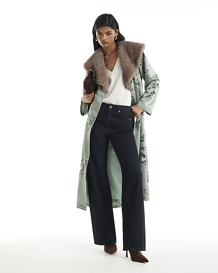 Green Embroidered Faux Fur Collar Kimono