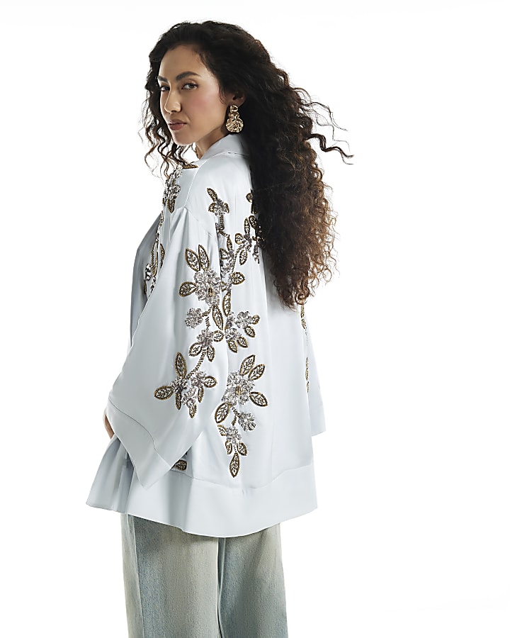Blue Placement Embellished Kimono