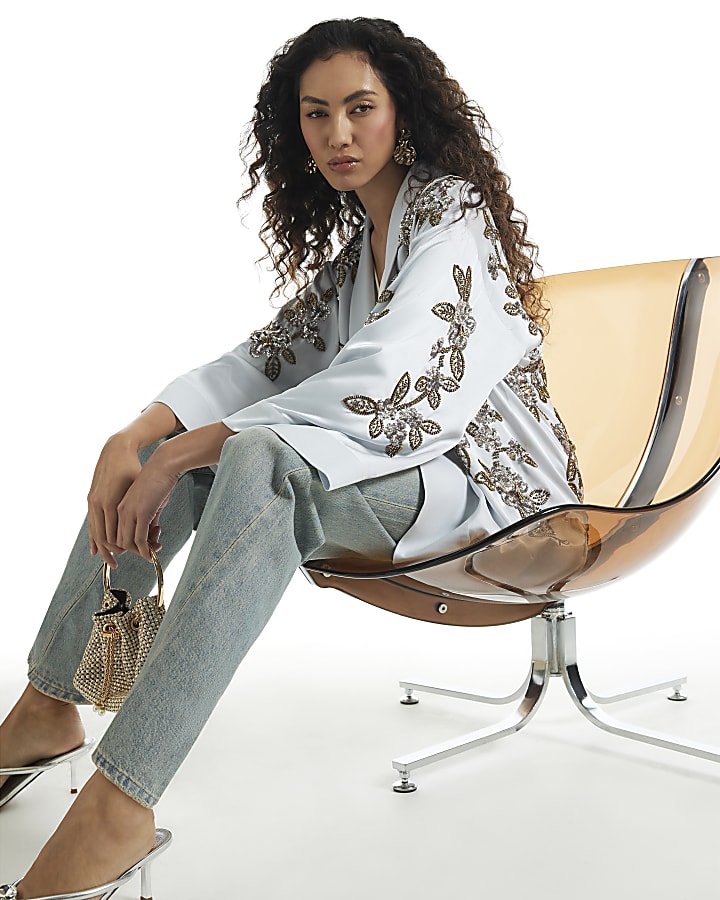Blue Placement Embellished Kimono