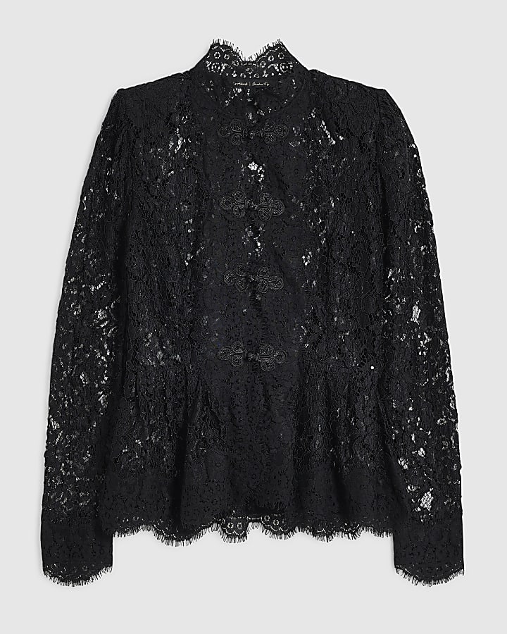 Black Lace Peplum Drummer Long Sleeve Blouse