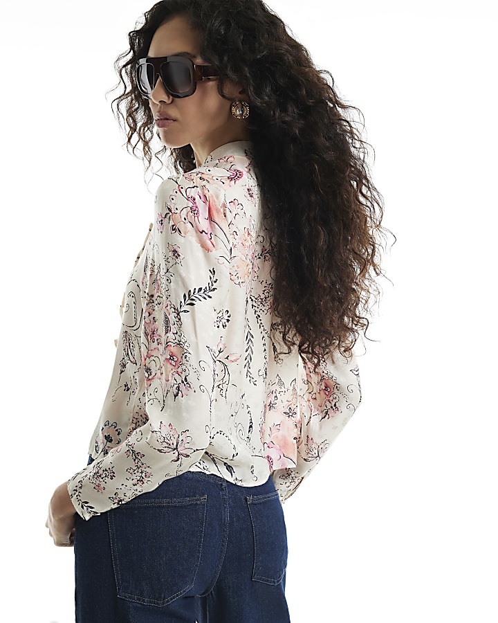 Cream Satin Floral Jacquard Printed Blouse