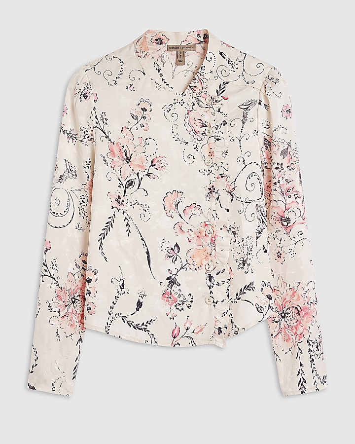 Cream Satin Floral Jacquard Printed Blouse