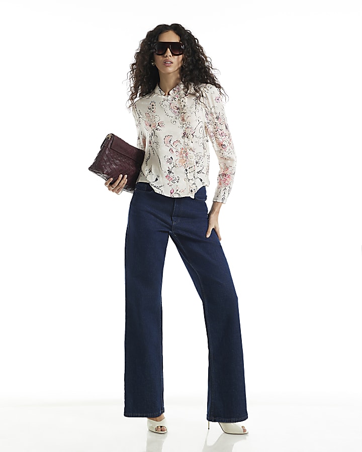 Cream Satin Floral Jacquard Printed Blouse