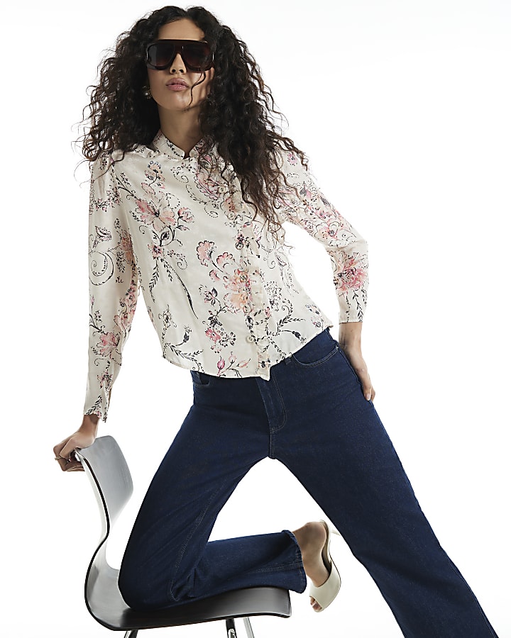 Cream Satin Floral Jacquard Printed Blouse