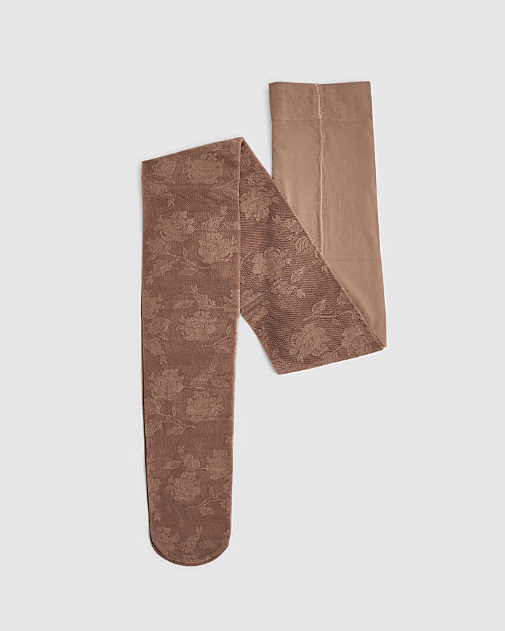 Beige Floral Print Tights