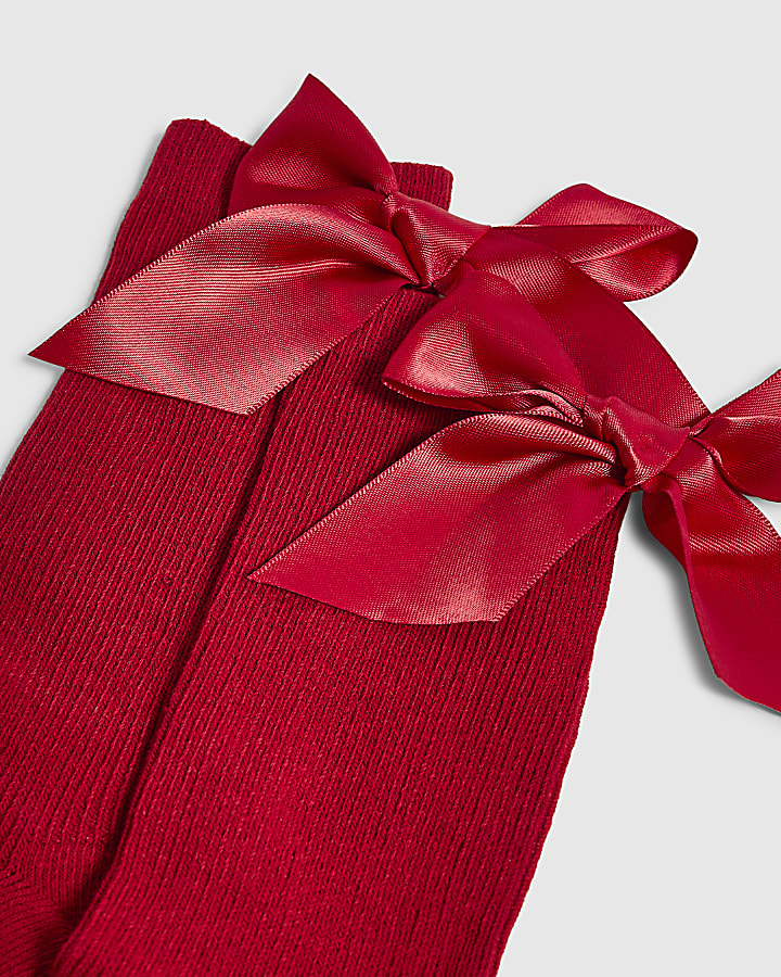 Red Ribbed Bow Socks