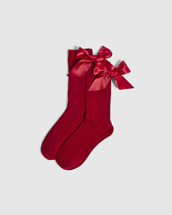 Red Ribbed Bow Socks