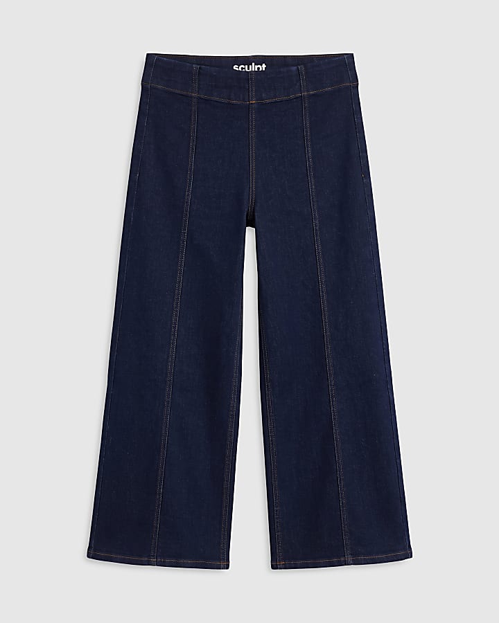 Blue High Waisted Crop Pull On Palazzo Jeans