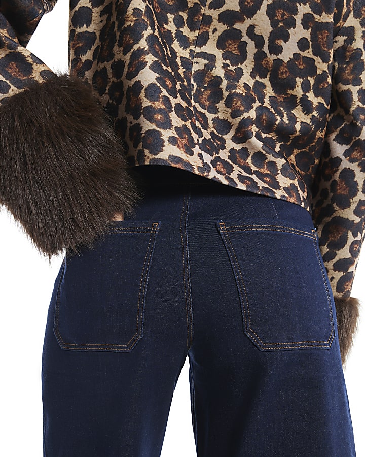Blue High Waisted Crop Pull On Palazzo Jeans