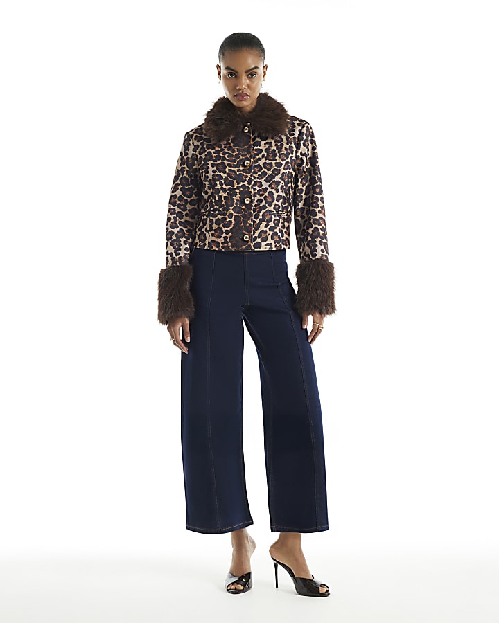 Blue High Waisted Crop Pull On Palazzo Jeans