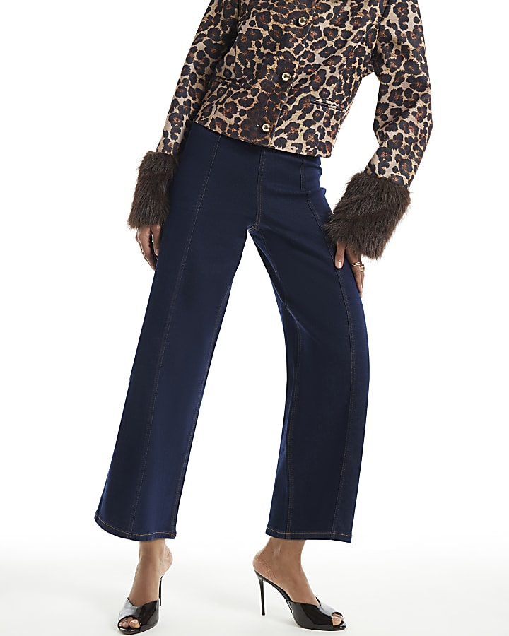 Blue High Waisted Crop Pull On Palazzo Jeans