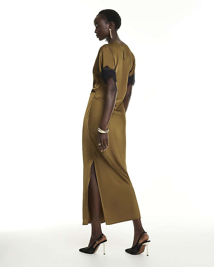 Khaki Lace Trim Satin Midi Dress