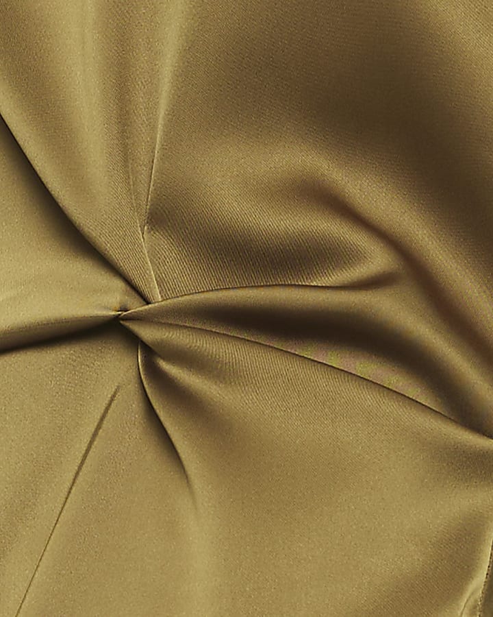 Khaki Lace Trim Satin Midi Dress
