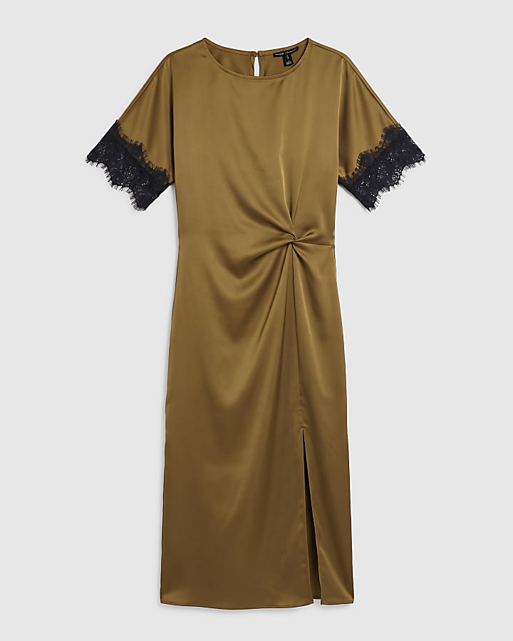 Khaki Lace Trim Satin Midi Dress