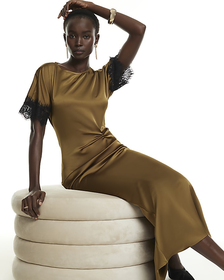 Khaki Lace Trim Satin Midi Dress