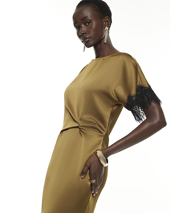 Khaki Lace Trim Satin Midi Dress