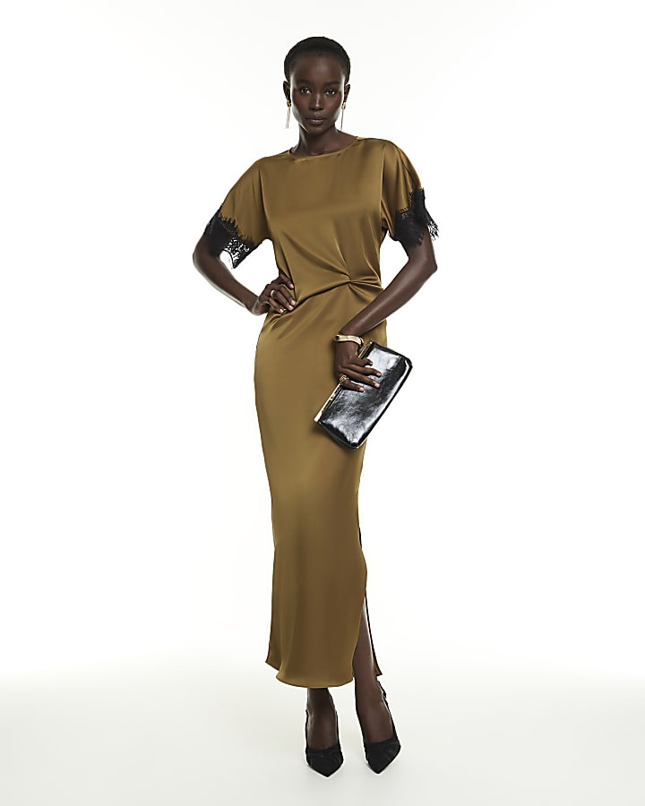 Khaki Lace Trim Satin Midi Dress