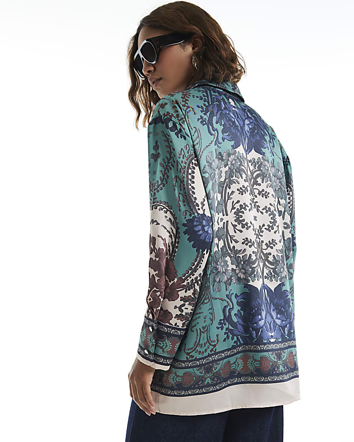 Blue Satin Paisley Long Sleeve Oversize Shirt