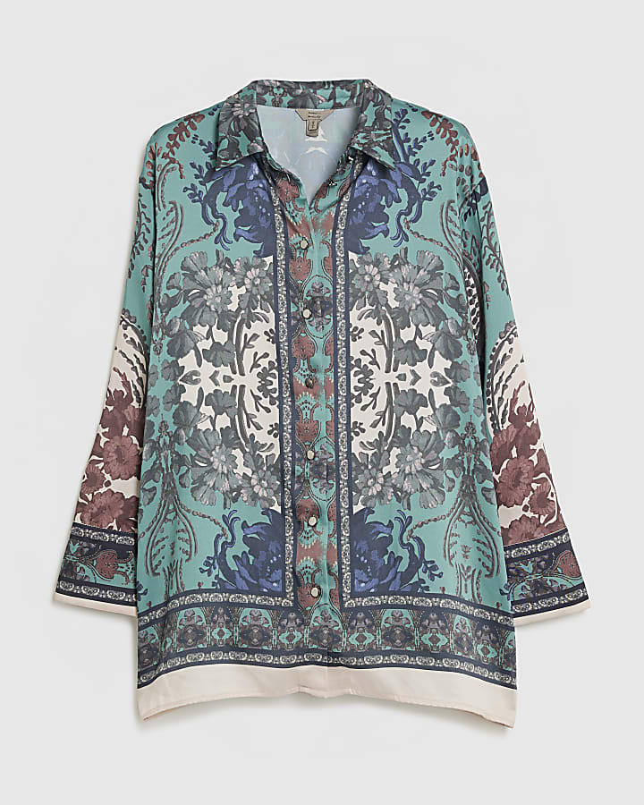 Blue Satin Paisley Long Sleeve Oversize Shirt
