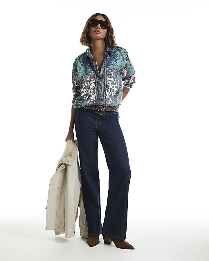 Blue Satin Paisley Long Sleeve Oversize Shirt