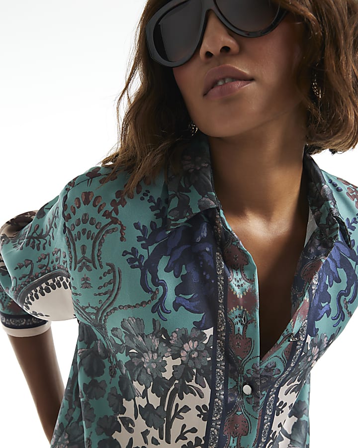 Blue Satin Paisley Long Sleeve Oversize Shirt