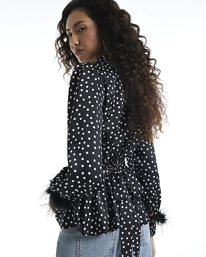 Black Spot Wrap Feather Cuff Blouse
