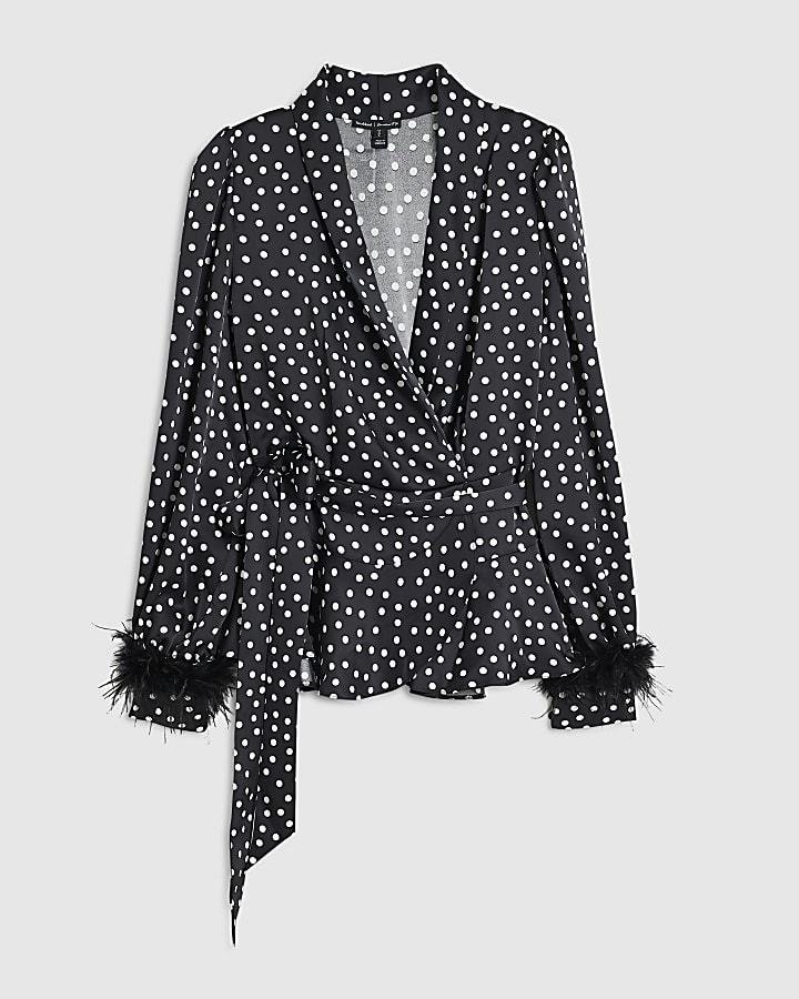Black Spot Wrap Feather Cuff Blouse