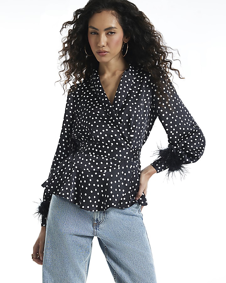 Black Spot Wrap Feather Cuff Blouse